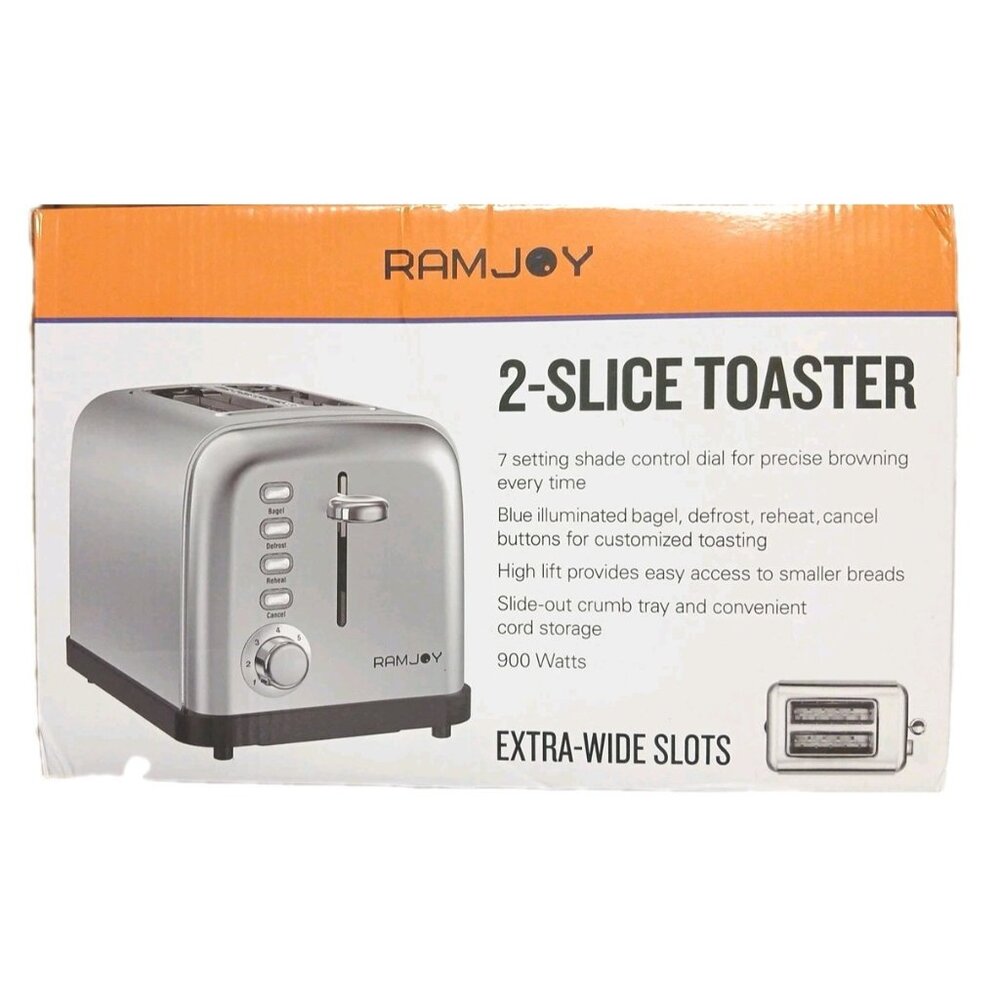Ramjoy 2 Slice Toaster Extra Wide Slot Bagel Bread 7 Shade Stainless Steel